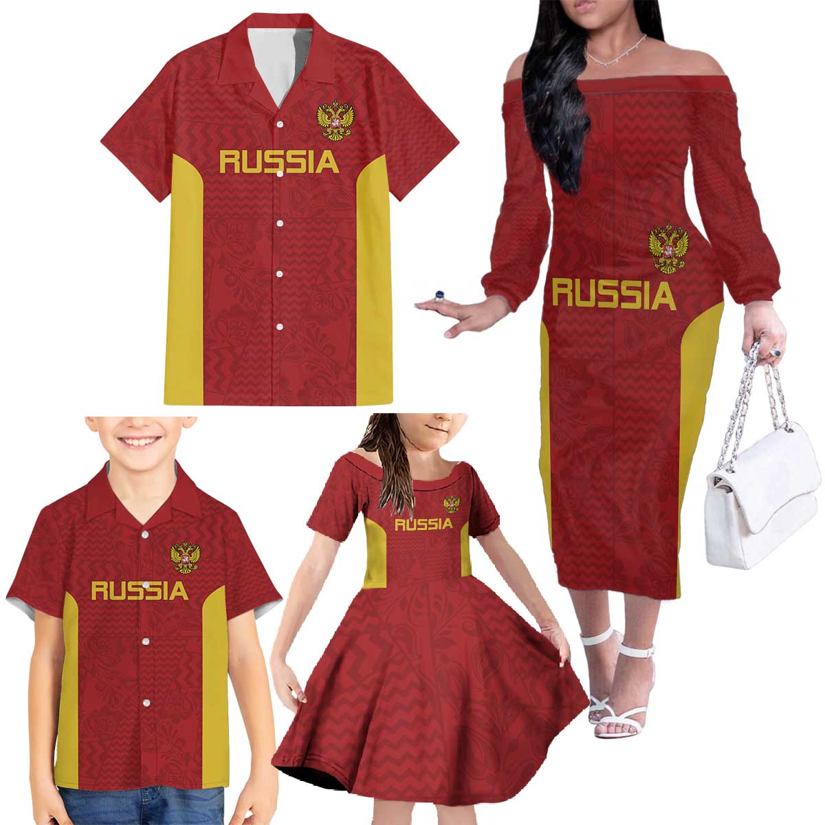 Custom Russia Football Family Matching Off The Shoulder Long Sleeve Dress and Hawaiian Shirt Nashi Parni Khokhloma Style - Red - Wonder Print Shop