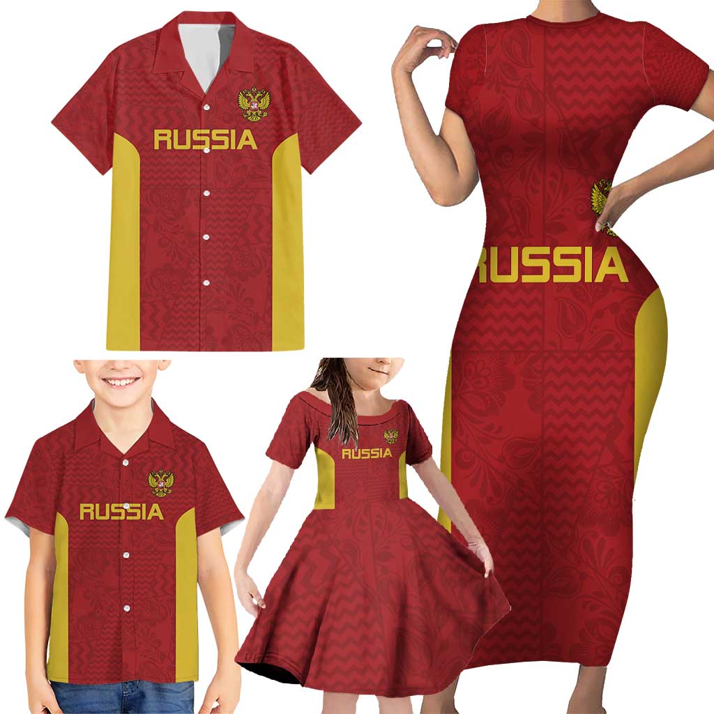 Custom Russia Football Family Matching Short Sleeve Bodycon Dress and Hawaiian Shirt Nashi Parni Khokhloma Style - Red - Wonder Print Shop