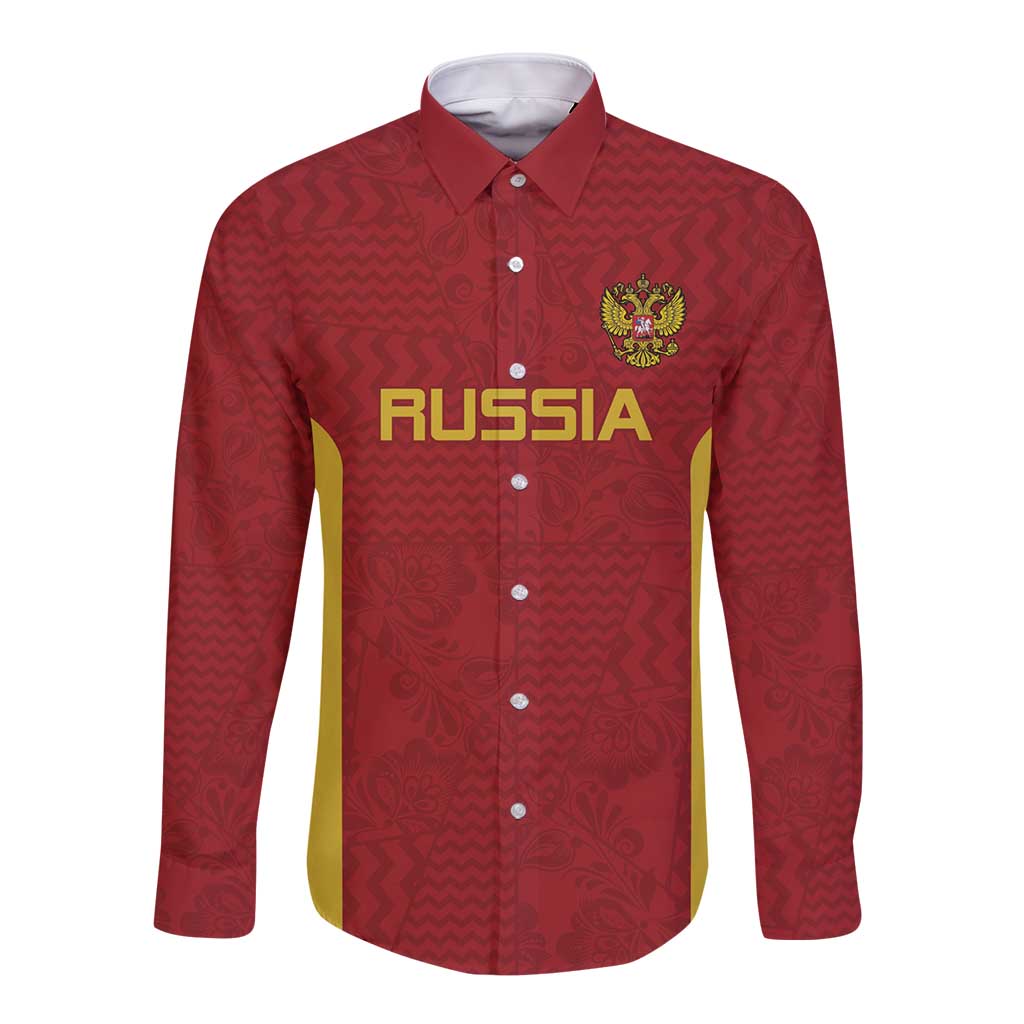 Custom Russia Football Long Sleeve Button Shirt Nashi Parni Khokhloma Style - Red - Wonder Print Shop