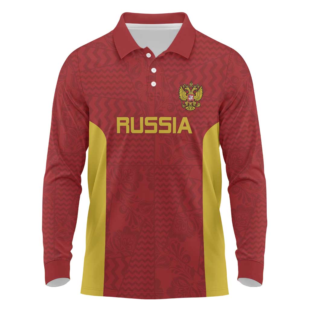 Custom Russia Football Long Sleeve Polo Shirt Nashi Parni Khokhloma Style - Red - Wonder Print Shop