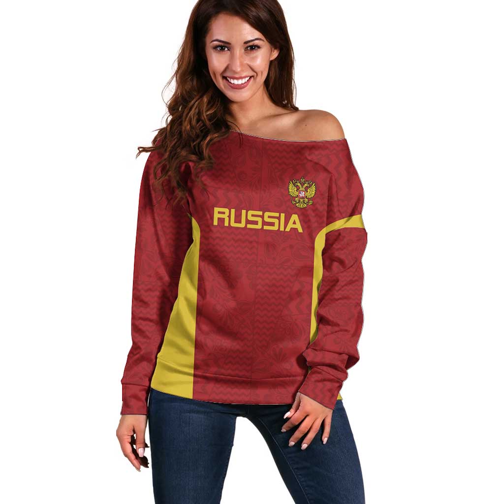 Custom Russia Football Off Shoulder Sweater Nashi Parni Khokhloma Style - Red - Wonder Print Shop