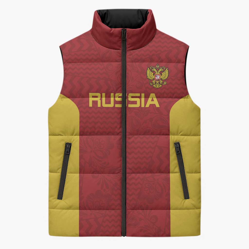 Custom Russia Football Sleeveless Puffer Jacket Nashi Parni Khokhloma Style - Red - Wonder Print Shop