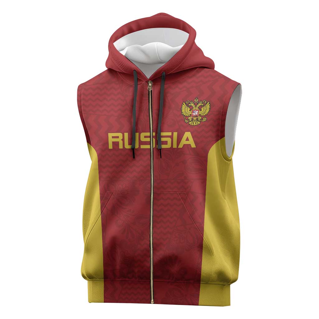 Custom Russia Football Sleeveless Zip Hoodie Nashi Parni Khokhloma Style - Red - Wonder Print Shop
