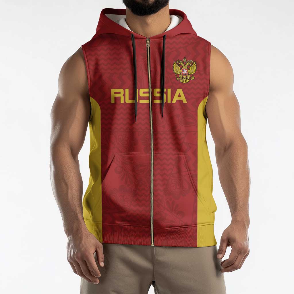 Custom Russia Football Sleeveless Zip Hoodie Nashi Parni Khokhloma Style - Red - Wonder Print Shop
