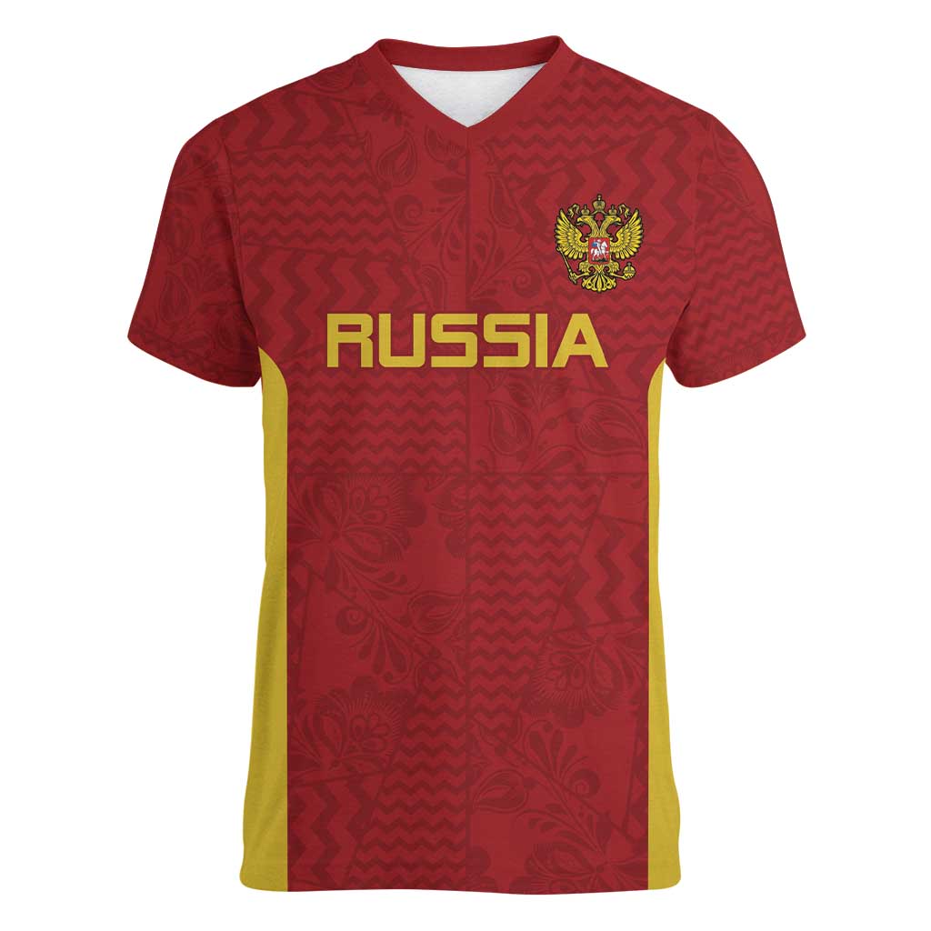Custom Russia Football Women V-Neck T-Shirt Nashi Parni Khokhloma Style - Red - Wonder Print Shop