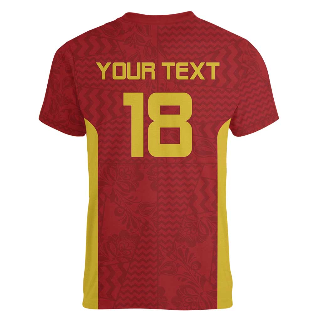 Custom Russia Football Women V-Neck T-Shirt Nashi Parni Khokhloma Style - Red - Wonder Print Shop