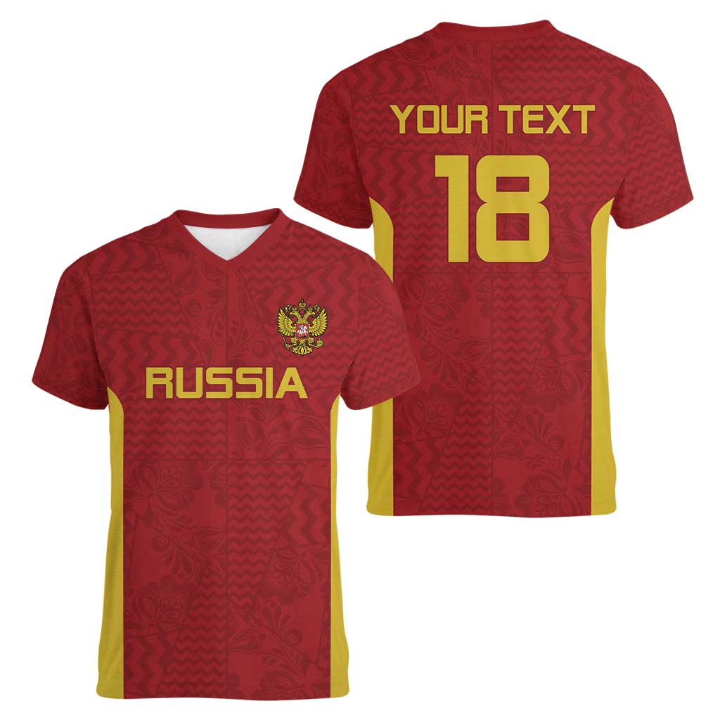 Custom Russia Football Women V-Neck T-Shirt Nashi Parni Khokhloma Style - Red - Wonder Print Shop