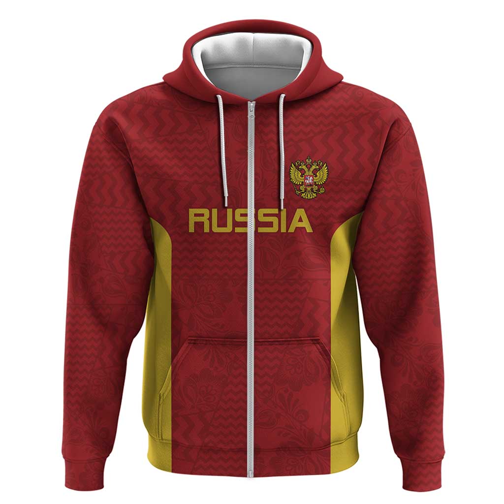 Custom Russia Football Zip Hoodie Nashi Parni Khokhloma Style - Red - Wonder Print Shop