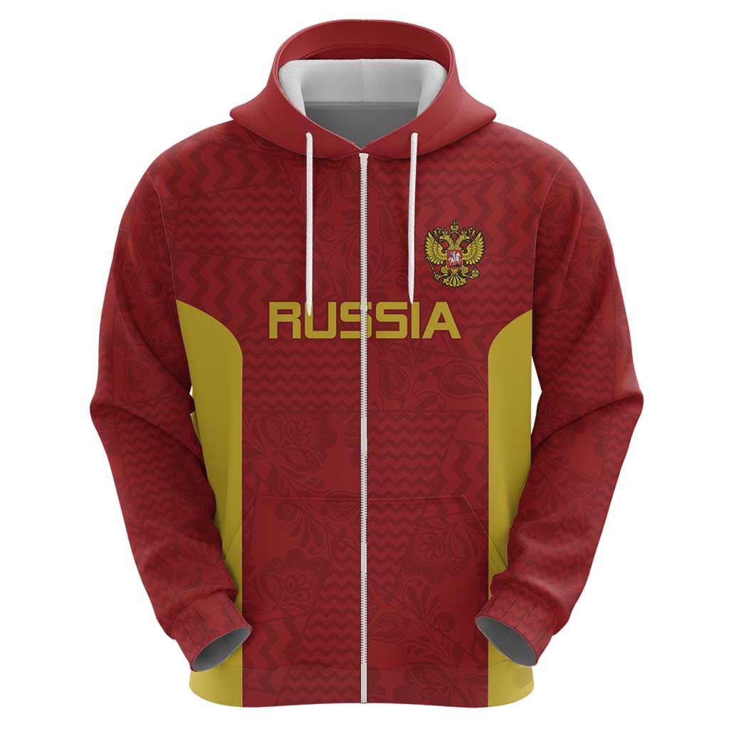 Custom Russia Football Zip Hoodie Nashi Parni Khokhloma Style - Red - Wonder Print Shop