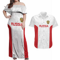 Custom Russia Football Couples Matching Off Shoulder Maxi Dress and Hawaiian Shirt Nashi Parni Khokhloma Style - White - Wonder Print Shop