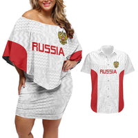 Custom Russia Football Couples Matching Off Shoulder Short Dress and Hawaiian Shirt Nashi Parni Khokhloma Style - White - Wonder Print Shop