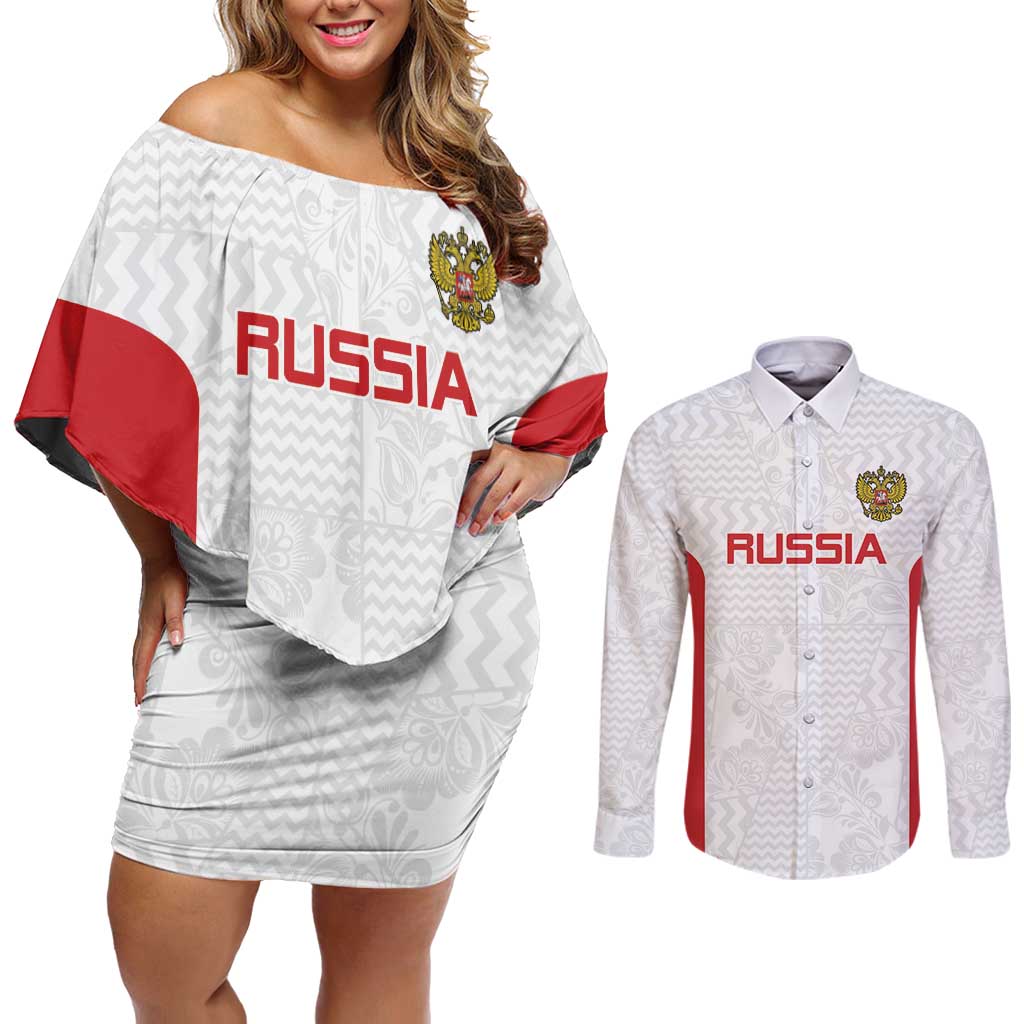 Custom Russia Football Couples Matching Off Shoulder Short Dress and Long Sleeve Button Shirt Nashi Parni Khokhloma Style - White - Wonder Print Shop