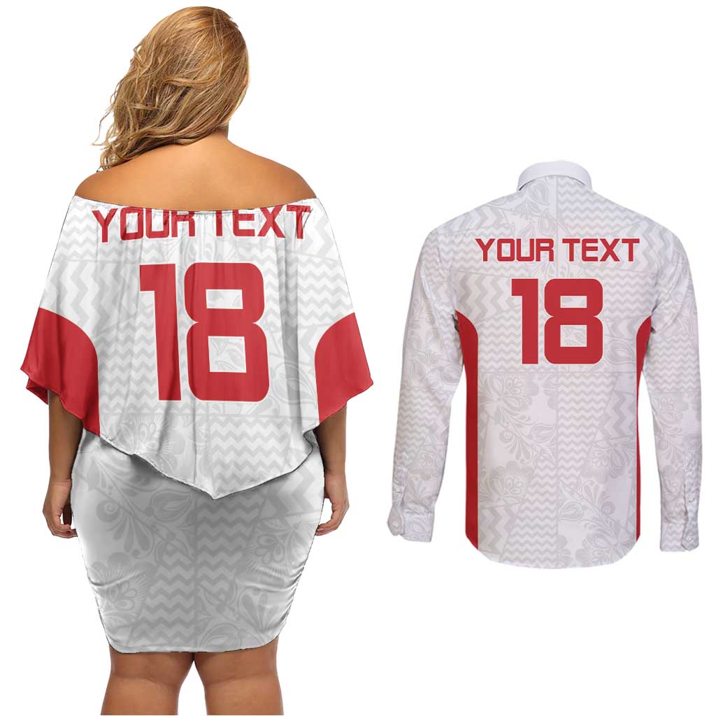 Custom Russia Football Couples Matching Off Shoulder Short Dress and Long Sleeve Button Shirt Nashi Parni Khokhloma Style - White - Wonder Print Shop