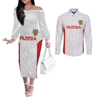 Custom Russia Football Couples Matching Off The Shoulder Long Sleeve Dress and Long Sleeve Button Shirt Nashi Parni Khokhloma Style - White - Wonder Print Shop