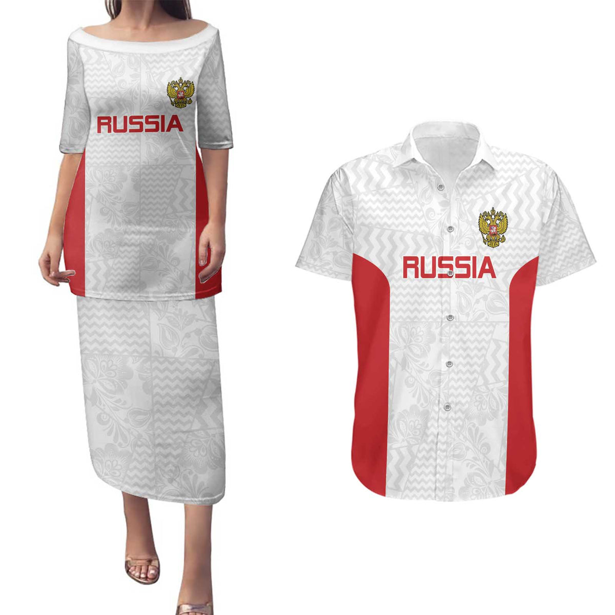 Custom Russia Football Couples Matching Puletasi and Hawaiian Shirt Nashi Parni Khokhloma Style - White - Wonder Print Shop
