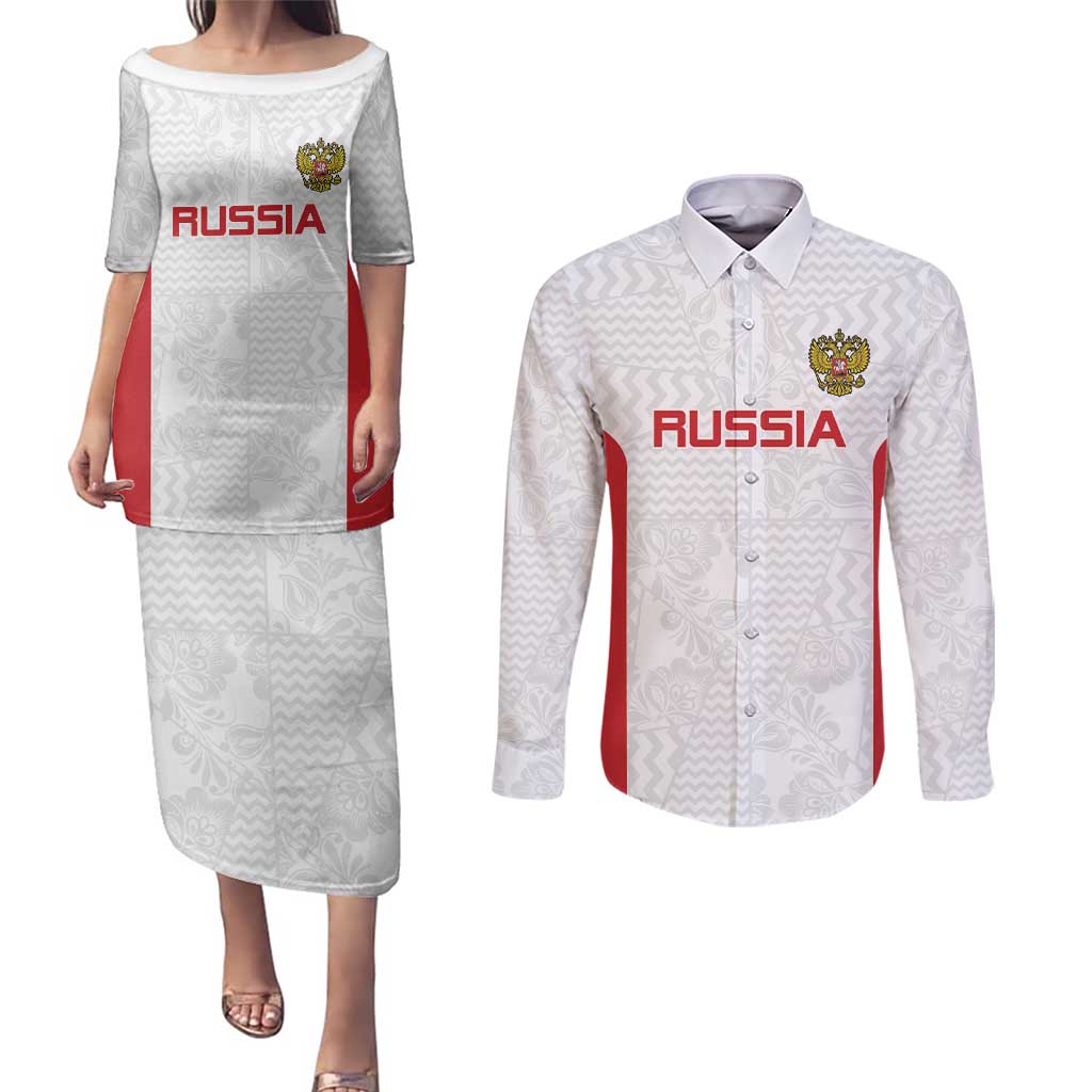 Custom Russia Football Couples Matching Puletasi and Long Sleeve Button Shirt Nashi Parni Khokhloma Style - White - Wonder Print Shop
