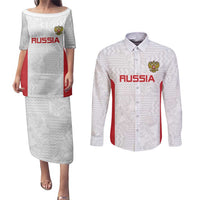 Custom Russia Football Couples Matching Puletasi and Long Sleeve Button Shirt Nashi Parni Khokhloma Style - White - Wonder Print Shop