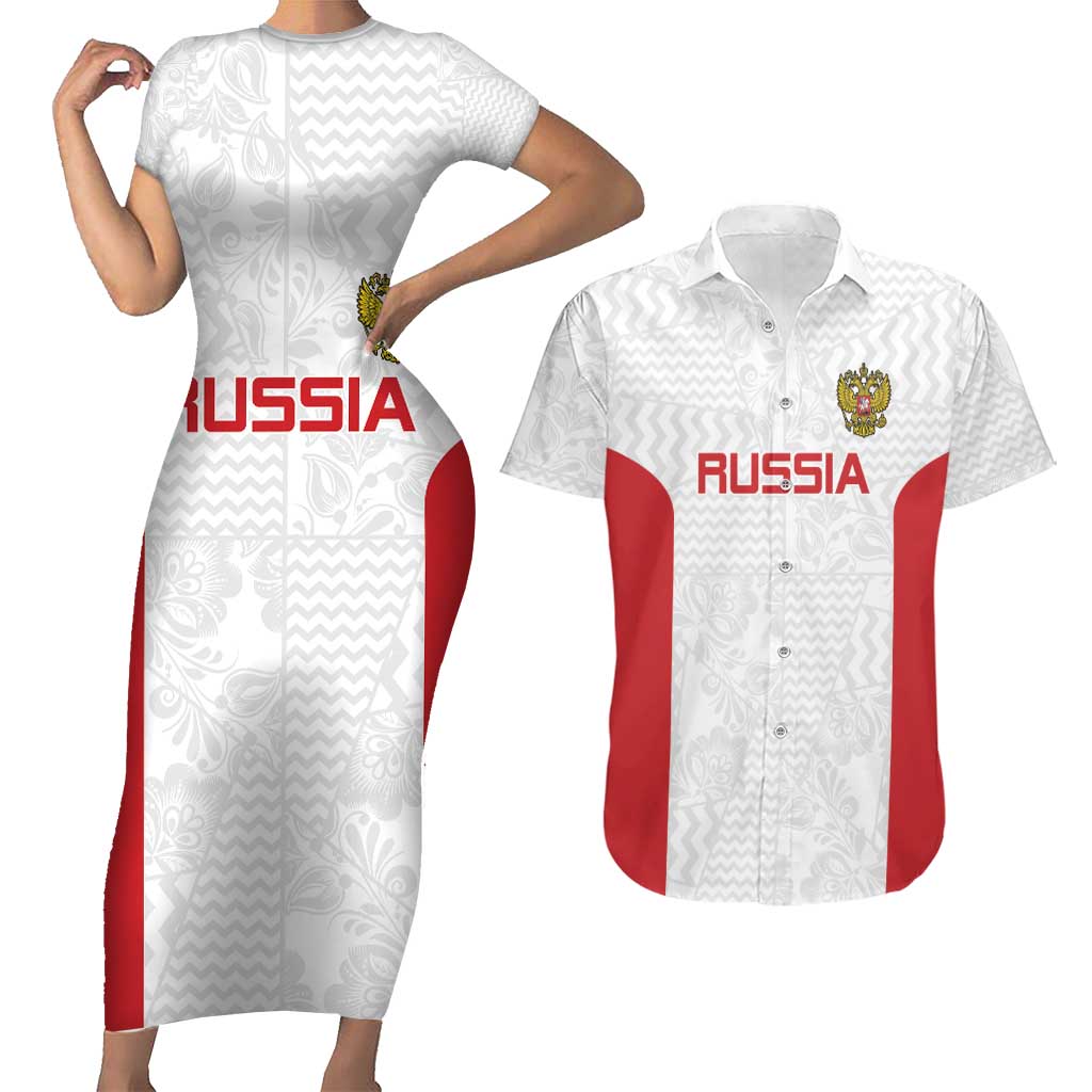 Custom Russia Football Couples Matching Short Sleeve Bodycon Dress and Hawaiian Shirt Nashi Parni Khokhloma Style - White - Wonder Print Shop