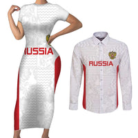 Custom Russia Football Couples Matching Short Sleeve Bodycon Dress and Long Sleeve Button Shirt Nashi Parni Khokhloma Style - White - Wonder Print Shop