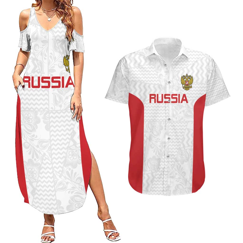 Custom Russia Football Couples Matching Summer Maxi Dress and Hawaiian Shirt Nashi Parni Khokhloma Style - White - Wonder Print Shop