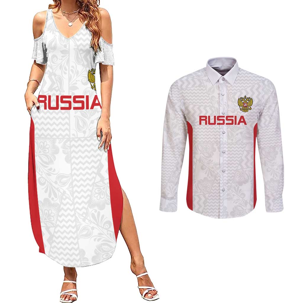 Custom Russia Football Couples Matching Summer Maxi Dress and Long Sleeve Button Shirt Nashi Parni Khokhloma Style - White - Wonder Print Shop