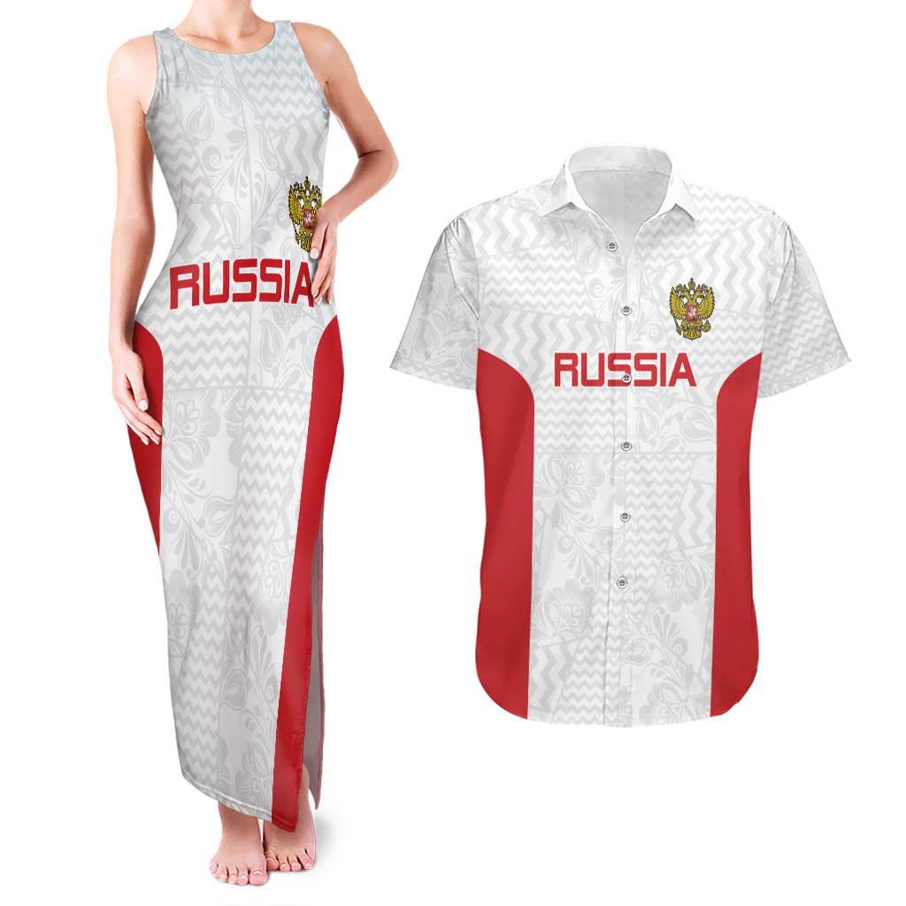 Custom Russia Football Couples Matching Tank Maxi Dress and Hawaiian Shirt Nashi Parni Khokhloma Style - White - Wonder Print Shop