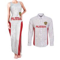 Custom Russia Football Couples Matching Tank Maxi Dress and Long Sleeve Button Shirt Nashi Parni Khokhloma Style - White - Wonder Print Shop