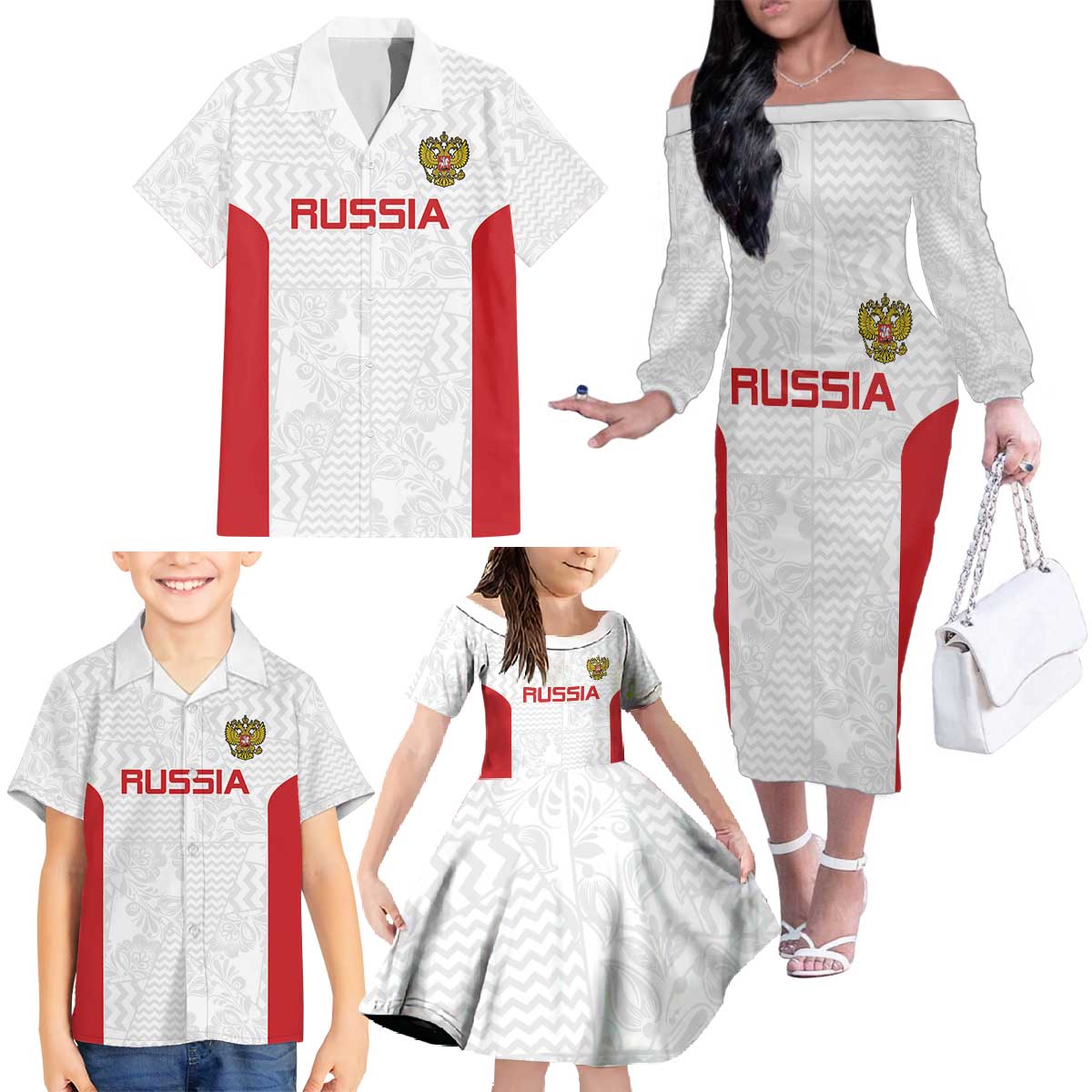 Custom Russia Football Family Matching Off The Shoulder Long Sleeve Dress and Hawaiian Shirt Nashi Parni Khokhloma Style - White - Wonder Print Shop