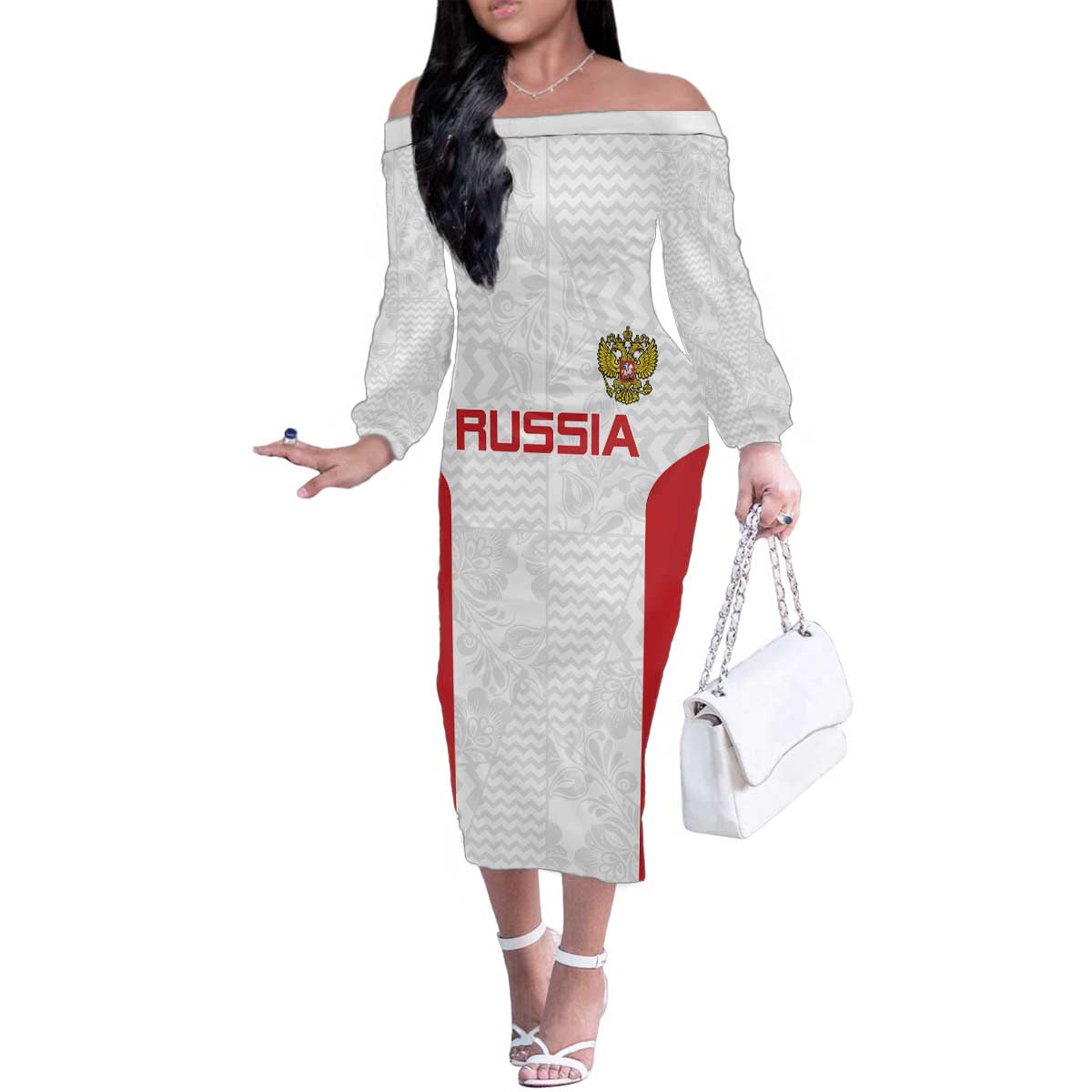 Custom Russia Football Family Matching Off The Shoulder Long Sleeve Dress and Hawaiian Shirt Nashi Parni Khokhloma Style - White - Wonder Print Shop