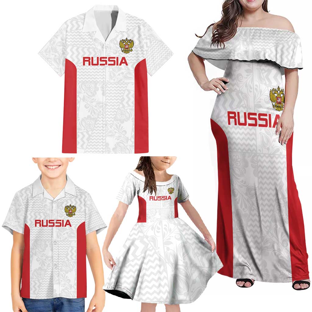 Custom Russia Football Family Matching Off Shoulder Maxi Dress and Hawaiian Shirt Nashi Parni Khokhloma Style - White - Wonder Print Shop