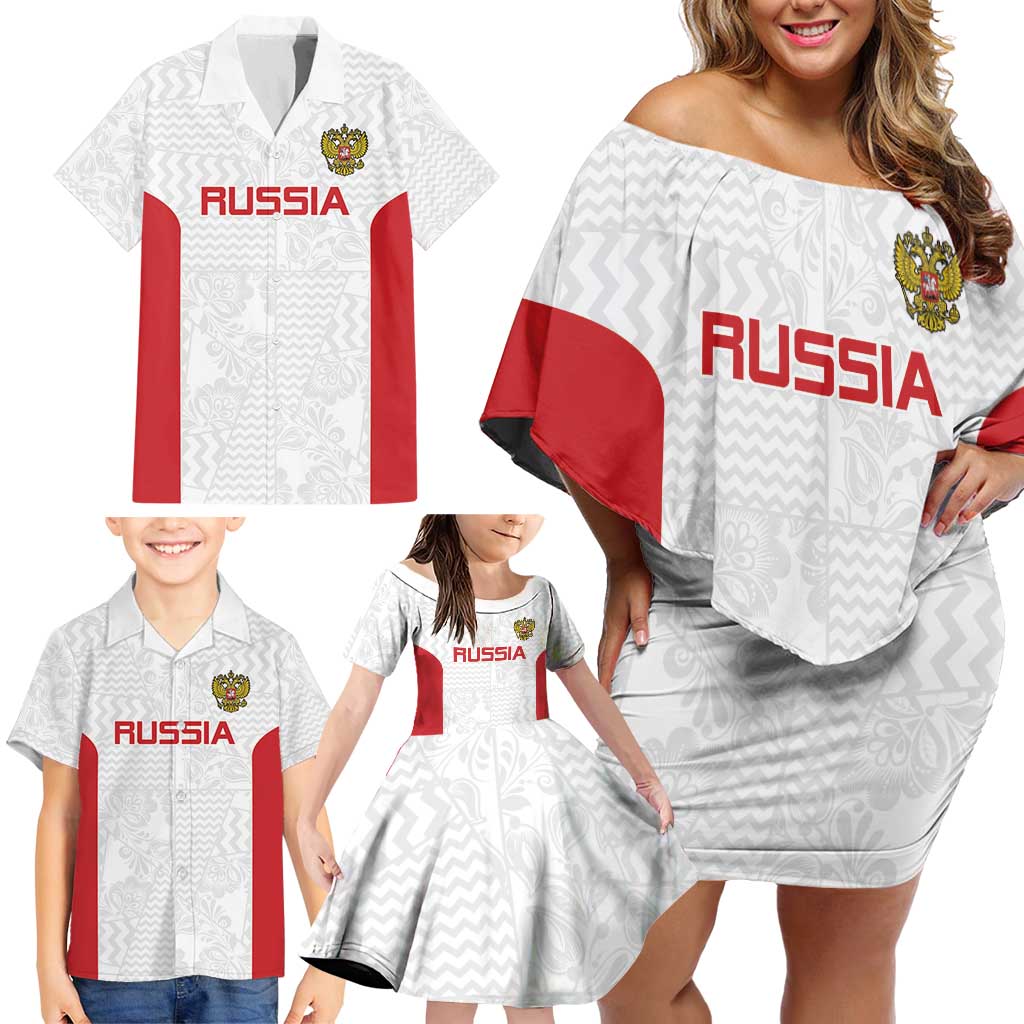 Custom Russia Football Family Matching Off Shoulder Short Dress and Hawaiian Shirt Nashi Parni Khokhloma Style - White - Wonder Print Shop