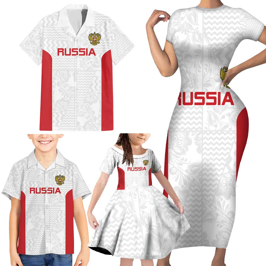 Custom Russia Football Family Matching Short Sleeve Bodycon Dress and Hawaiian Shirt Nashi Parni Khokhloma Style - White - Wonder Print Shop
