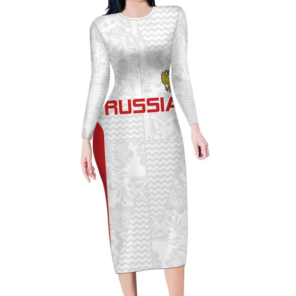 Custom Russia Football Long Sleeve Bodycon Dress Nashi Parni Khokhloma Style - White - Wonder Print Shop