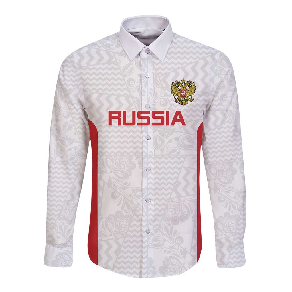 Custom Russia Football Long Sleeve Button Shirt Nashi Parni Khokhloma Style - White - Wonder Print Shop