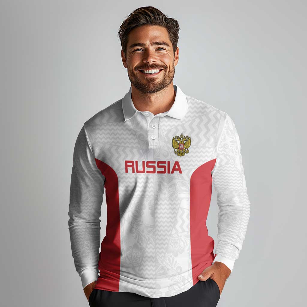 Custom Russia Football Long Sleeve Polo Shirt Nashi Parni Khokhloma Style - White - Wonder Print Shop