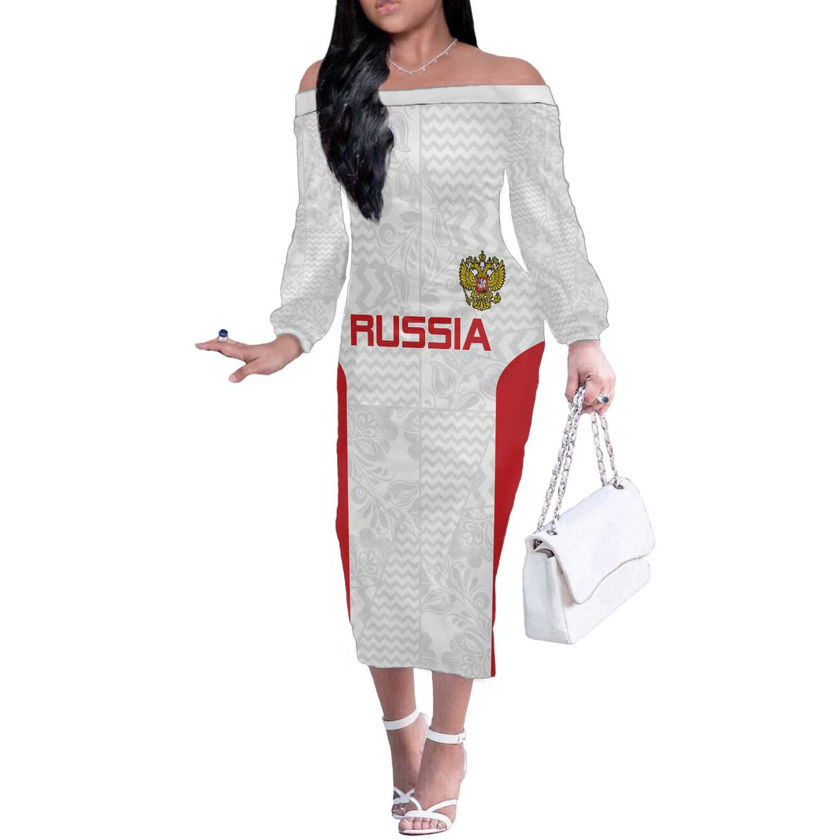 Custom Russia Football Off The Shoulder Long Sleeve Dress Nashi Parni Khokhloma Style - White - Wonder Print Shop