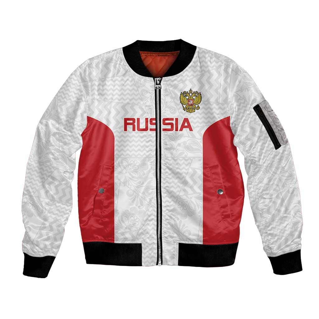 Custom Russia Football Sleeve Zip Bomber Jacket Nashi Parni Khokhloma Style - White - Wonder Print Shop