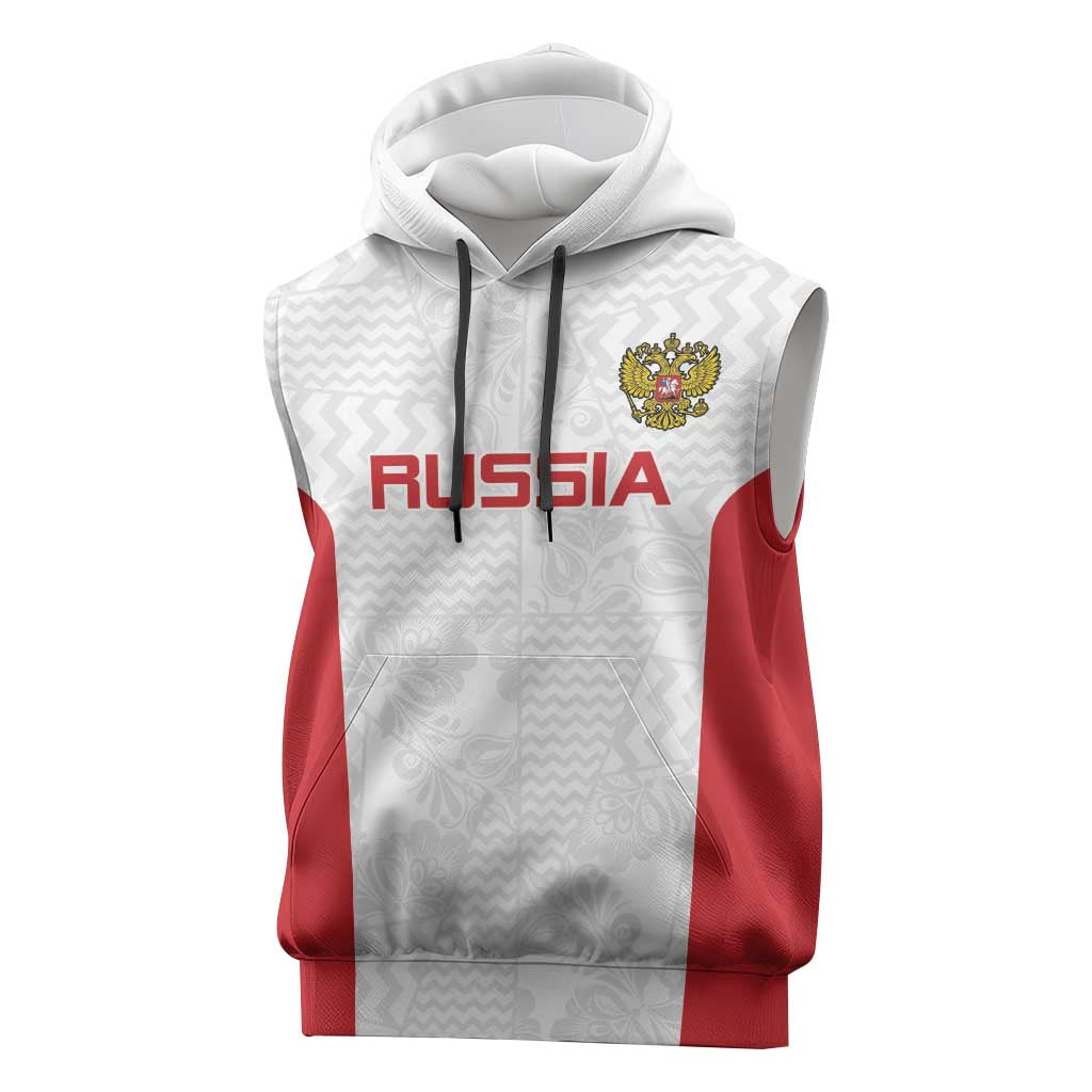 Custom Russia Football Sleeveless Hoodie Nashi Parni Khokhloma Style - White - Wonder Print Shop