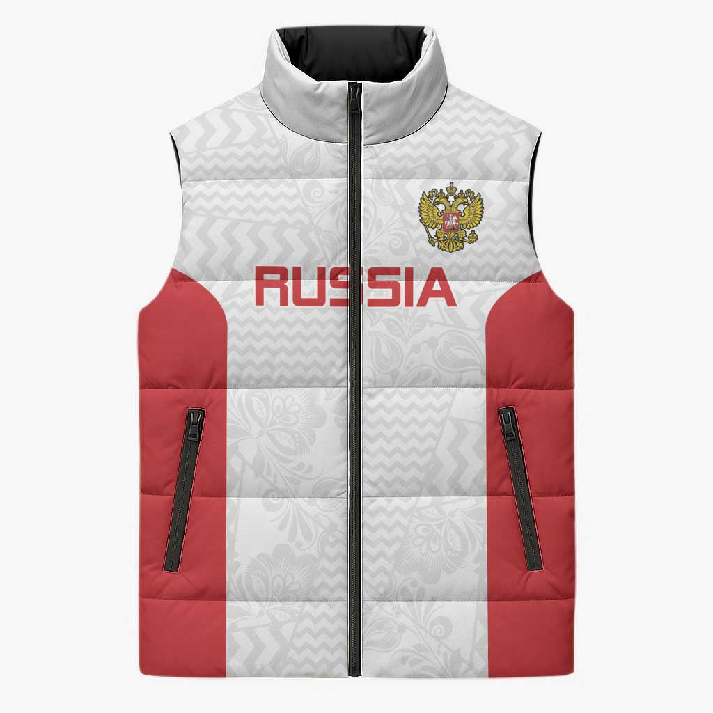 Custom Russia Football Sleeveless Puffer Jacket Nashi Parni Khokhloma Style - White - Wonder Print Shop