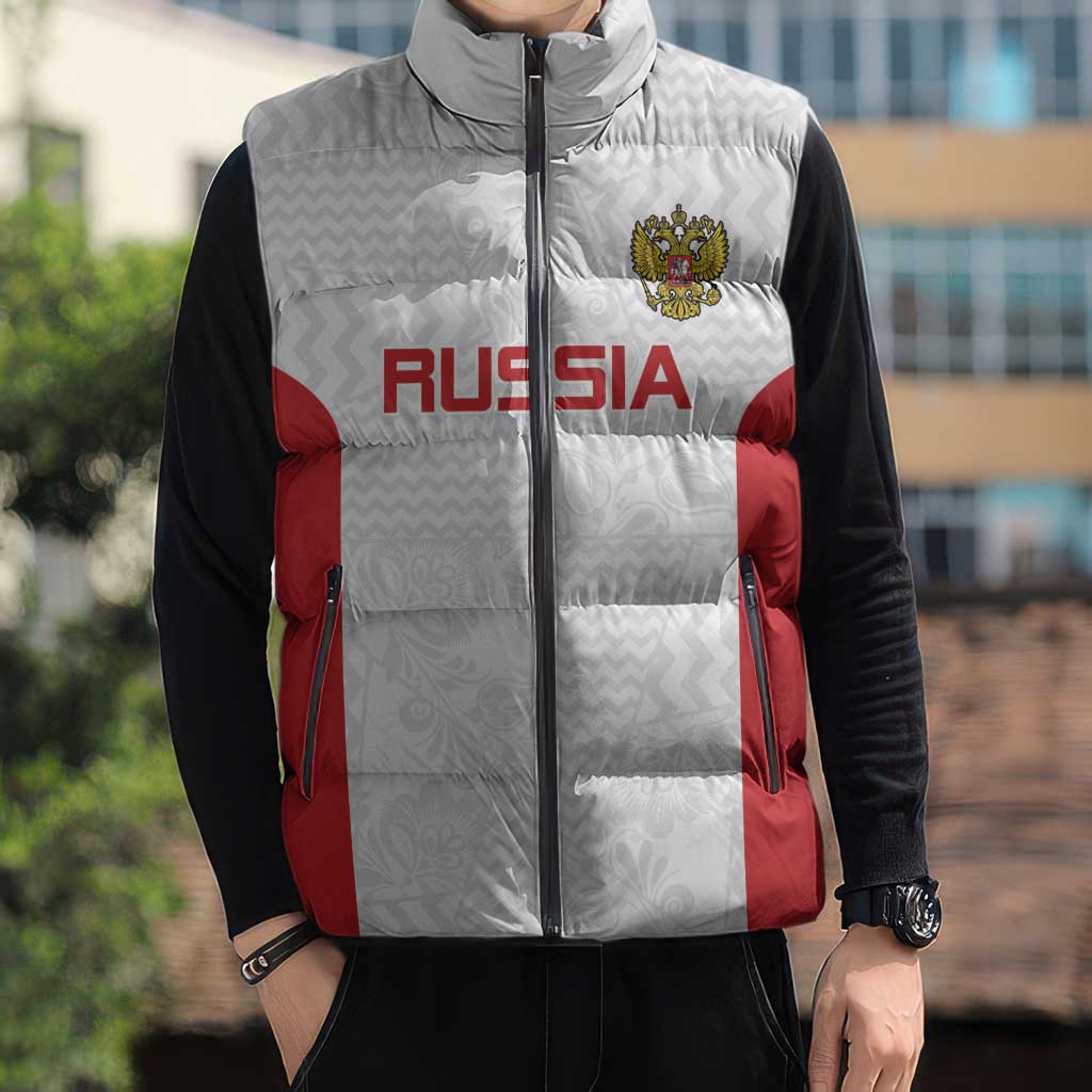 Custom Russia Football Sleeveless Puffer Jacket Nashi Parni Khokhloma Style - White - Wonder Print Shop