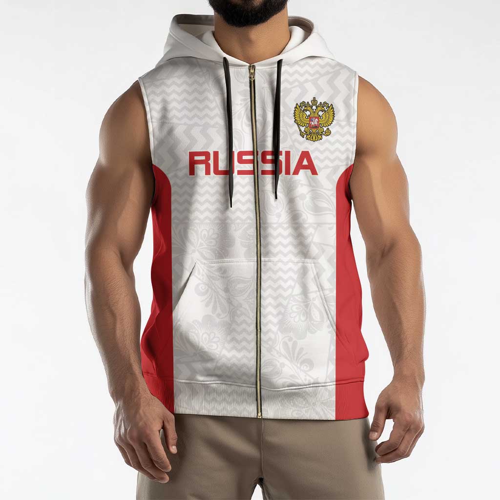 Custom Russia Football Sleeveless Zip Hoodie Nashi Parni Khokhloma Style - White - Wonder Print Shop