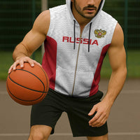 Custom Russia Football Sleeveless Zip Hoodie Nashi Parni Khokhloma Style - White - Wonder Print Shop