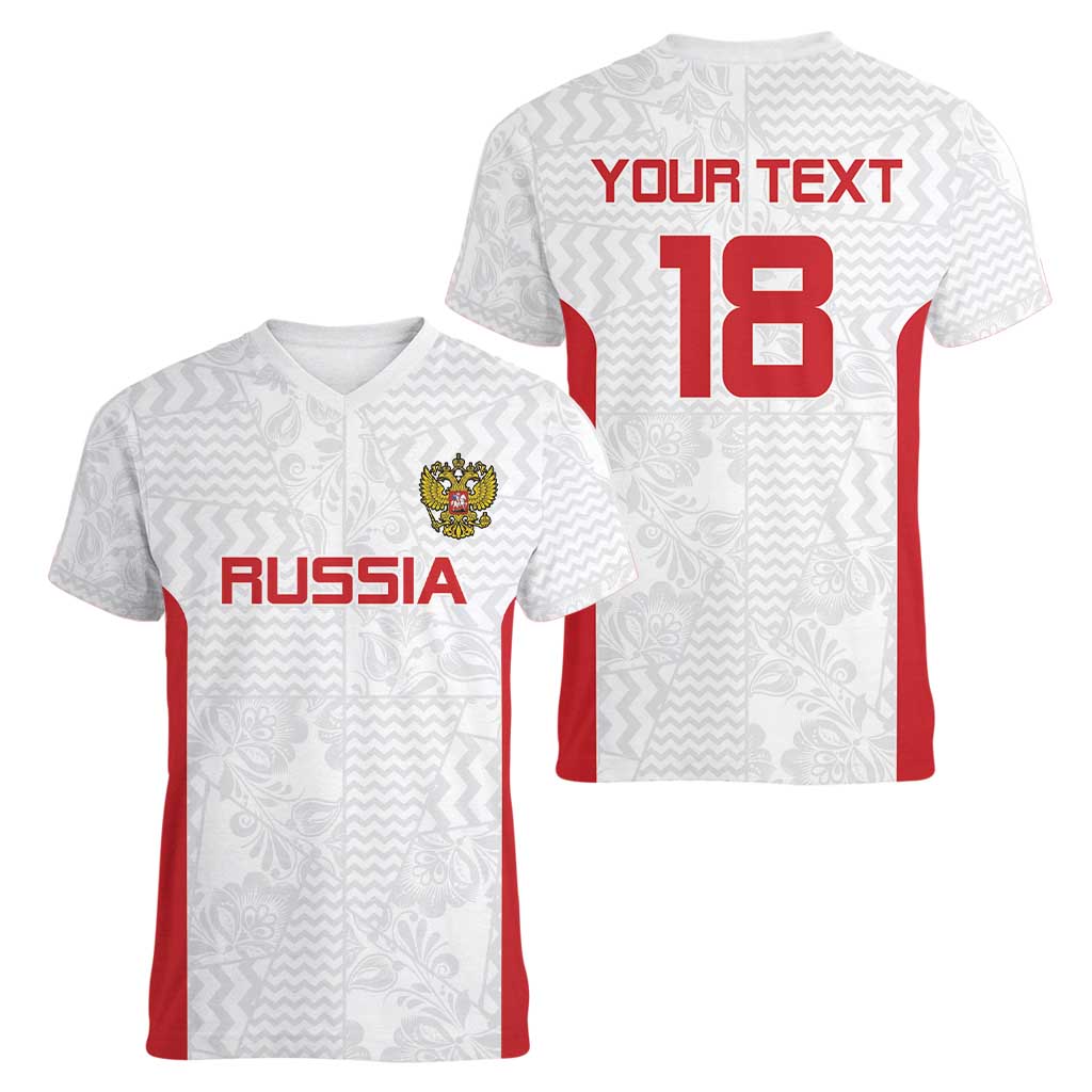 Custom Russia Football Women V-Neck T-Shirt Nashi Parni Khokhloma Style - White - Wonder Print Shop