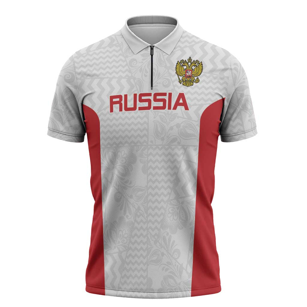 Custom Russia Football Zipper Polo Shirt Nashi Parni Khokhloma Style - White - Wonder Print Shop