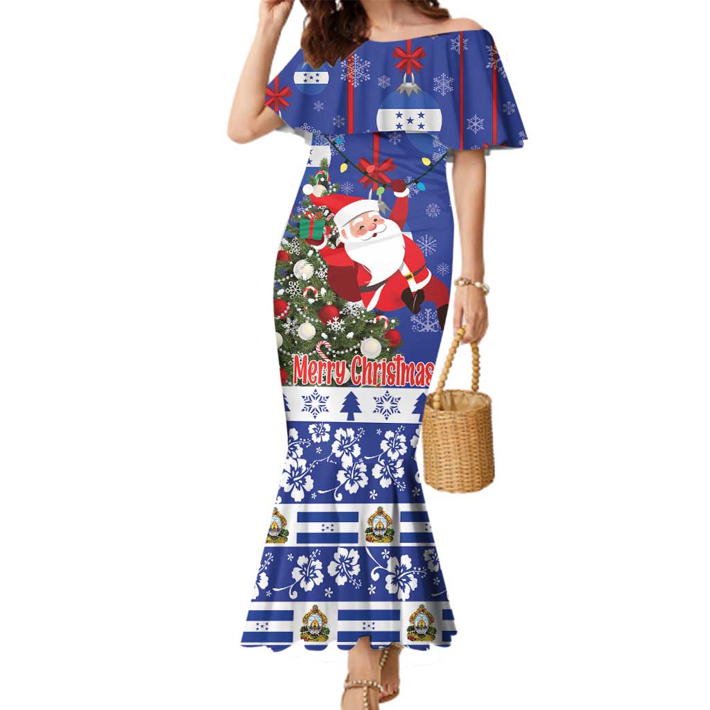 Honduras Santa Claus Christmas Family Matching Mermaid Dress and Hawaiian Shirt Christmas Tree With Flag Background - Wonder Print Shop
