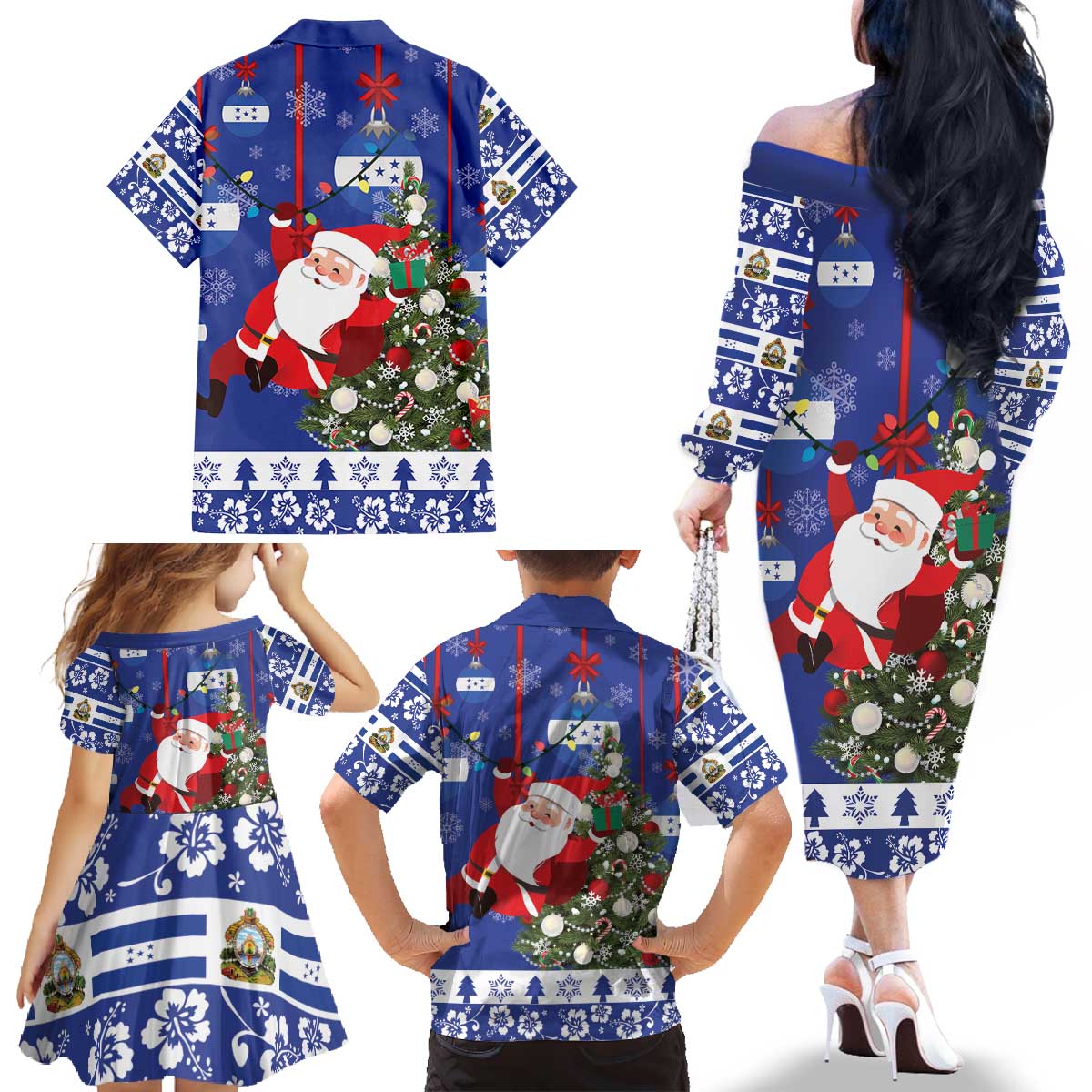Honduras Santa Claus Christmas Family Matching Off The Shoulder Long Sleeve Dress and Hawaiian Shirt Christmas Tree With Flag Background - Wonder Print Shop