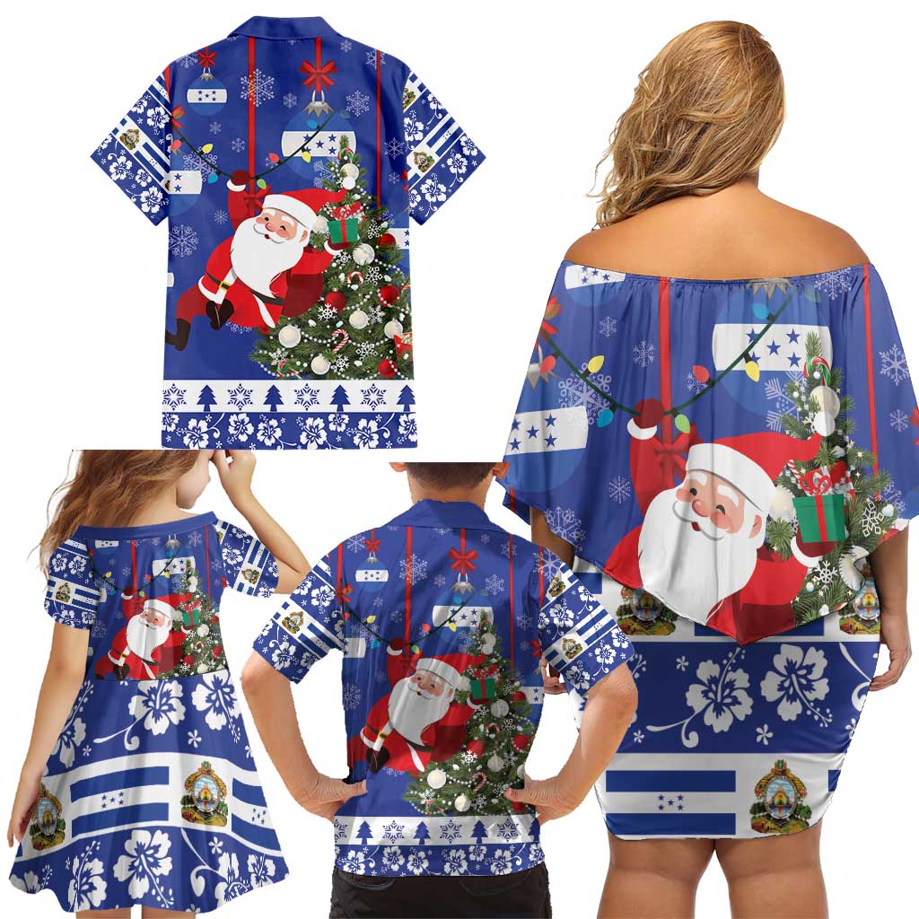 Honduras Santa Claus Christmas Family Matching Off Shoulder Short Dress and Hawaiian Shirt Christmas Tree With Flag Background - Wonder Print Shop
