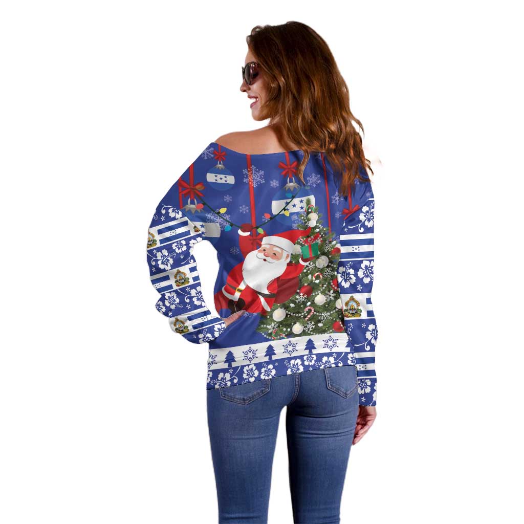 Honduras Santa Claus Christmas Off Shoulder Sweater Christmas Tree With Flag Background - Wonder Print Shop