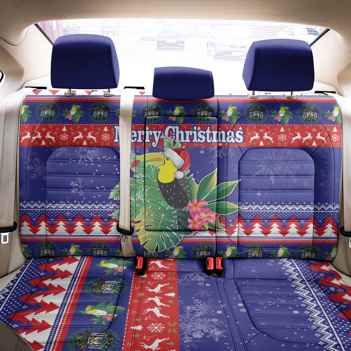 Belize Keel-billed Toucan Bird Christmas Back Car Seat Cover Feliz Navidad With Knitted Christmas Pattern - Wonder Print Shop