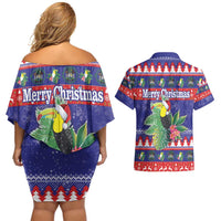 Belize Keel-billed Toucan Bird Christmas Couples Matching Off Shoulder Short Dress and Hawaiian Shirt Feliz Navidad With Knitted Christmas Pattern - Wonder Print Shop